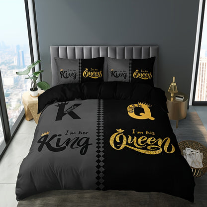 3 Piece Black and Grey Crown Lettering Duvet Cover Set – Includes 1 Duvet Cover and 2 Pillowcases – High Definition Printing for Home and Dorm Decor – Comforter Not Included