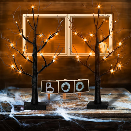 2ft LED Ghost Tree – Spooky Black and Orange Halloween Decoration – Battery-Powered Tabletop Light-Up Tree for Indoor Home Decor