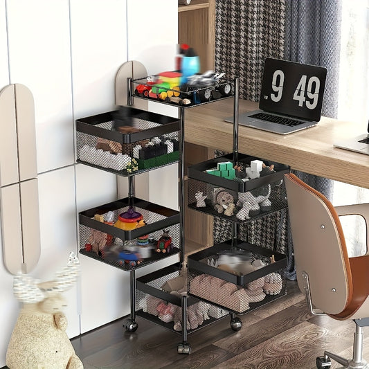 5 Tier Rotating Kitchen Storage Shelf - Metal Fruit and Vegetable Basket Rack on Wheels, Floor-Standing Multi-Layer Storage Trolley for Kitchen and Bathroom