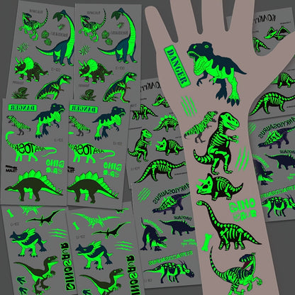 10 Sheets Luminous Dinosaurs Temporary Tattoos - Glow in the Dark T-Rex, Pterosaur, Velociraptor, Triceratops, Stegosaur Designs, Ideal for Dinosaur Birthday Parties and Stocking Stuffers