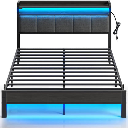 Greenstell Bed Frame with Charging Station and LED Lights - Twin, Full, Queen, King Sizes, PU Leather/Neutral Linen Headboard, Storage Shelves, Heavy Duty Metal Slats, No Box Spring Needed, Noise-Free