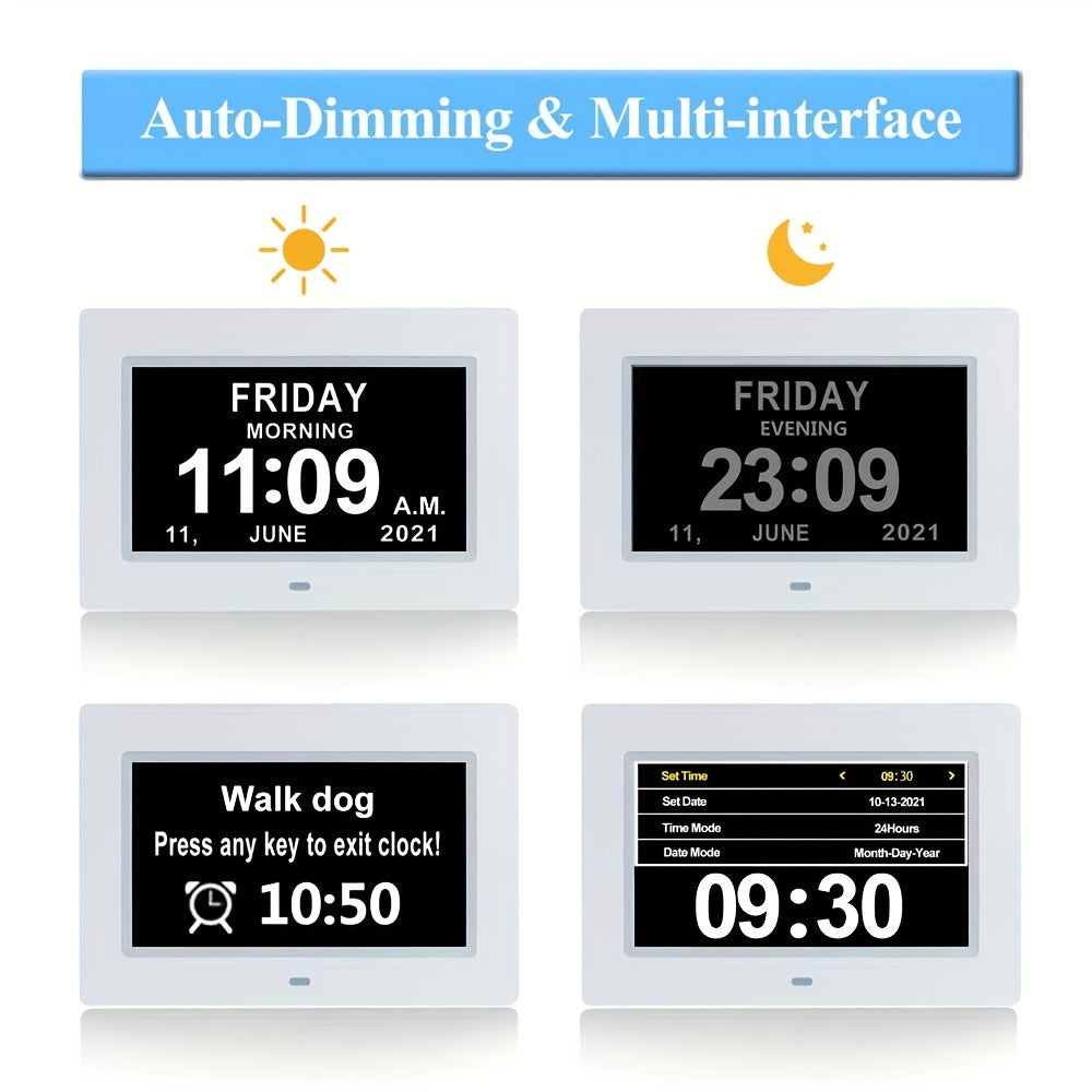 7-Inch Digital Clock for Seniors - Day & Date Display, Customizable Alarms, Medicine Reminders, 3 Modes, Large Font, Ideal for Elderly and Dementia Patients, Black