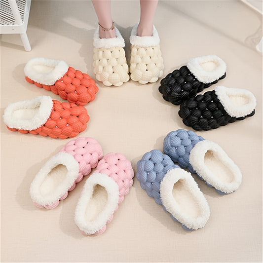 Women's Fleece-Lined Bubble Slides - Warm Slippers with Non-Slip Soft Sole