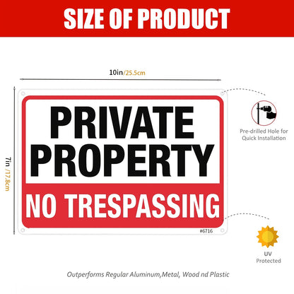 4pcs Private Property No Trespassing Metal Signs - 10"x7" Rust-Free Aluminum, Indoor & Outdoor Use