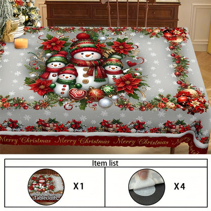 Christmas Cheer Round Tablecloth - Snowman, Reindeer and Snowflake Design, Waterproof & Wrinkle-Free - Perfect for Holiday Parties and Home Decor, Indoor/Outdoor Use