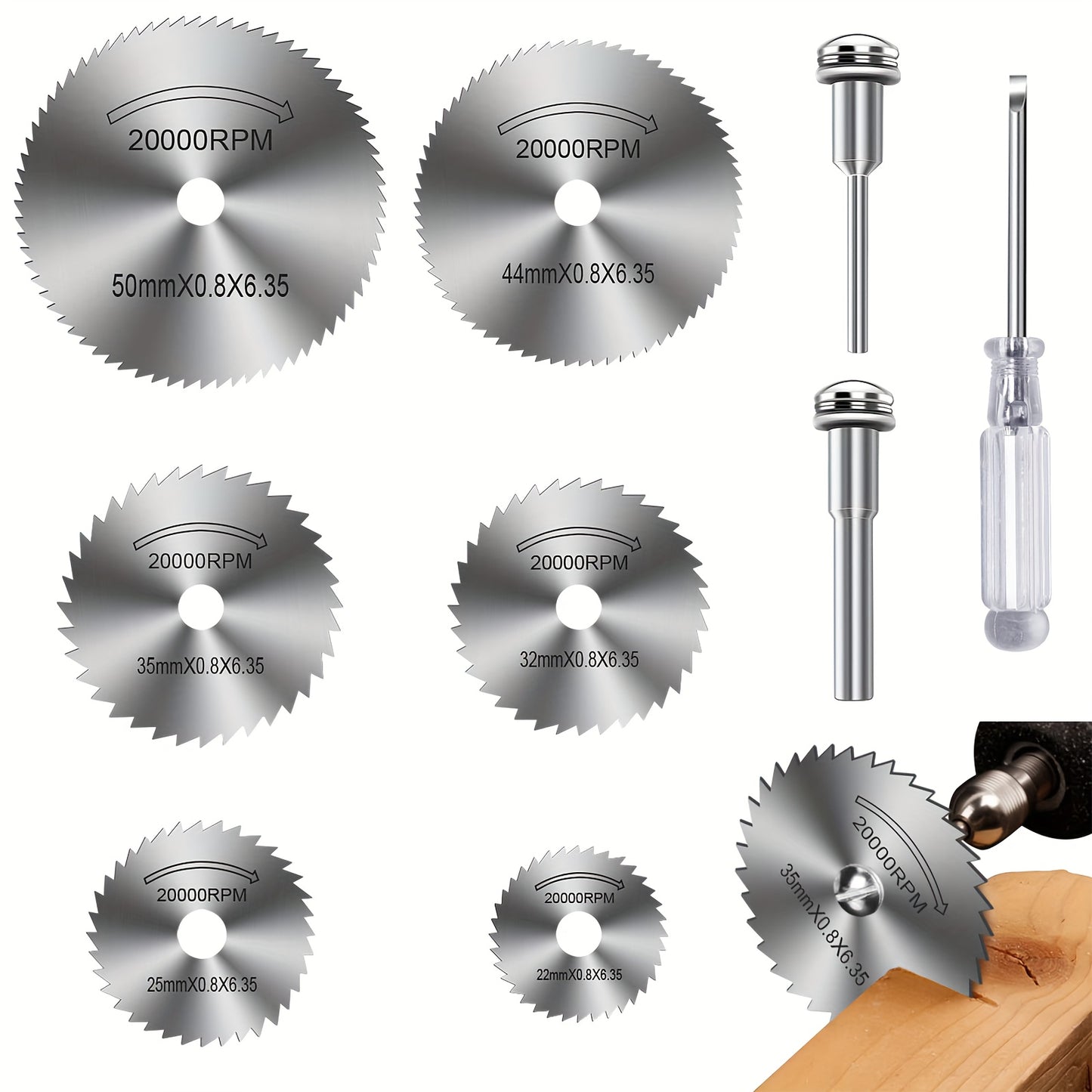 9pcs Cutting Wheel Set for Rotary Tools - HSS Saw Blades for Drills, Includes 6 Cutting Discs, 1/8" and 1/4" Round Shanks, Screwdriver for Wood, Plastic and Aluminum Cutting