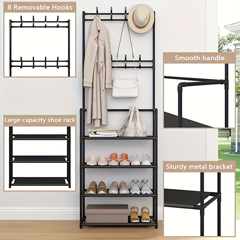 1pc 4/5 Layer 23in Carbon Steel Coat Rack - Multipurpose Coat Hanger and Shoe Shelf, Black/White, Self Assembly Required