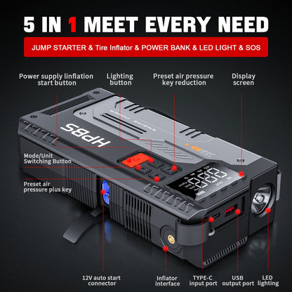 HPBS 5000A Portable Jump Starter with Air Compressor - 12V Battery Booster and 150 PSI Tire Inflator for Gas and Diesel Engines, Car Jump Box with LED Light and Fast Charging USB Output