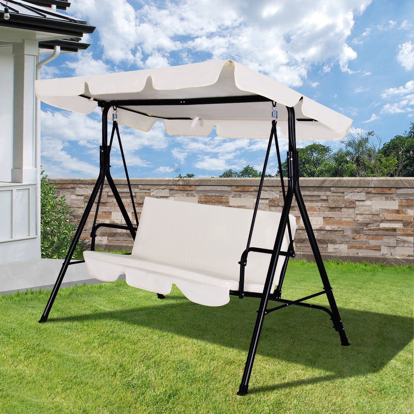 COVERONICS 3-Seat Outdoor Porch Swing – Patio Swing Chair with Adjustable Canopy, Durable Metal Frame, and Removable Cushions – Ideal for Backyard, Terrace, Lawn