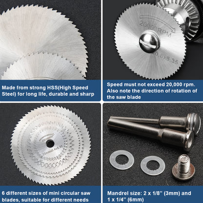 9pcs Cutting Wheel Set for Rotary Tools - HSS Saw Blades for Drills, Includes 6 Cutting Discs, 1/8" and 1/4" Round Shanks, Screwdriver for Wood, Plastic and Aluminum Cutting