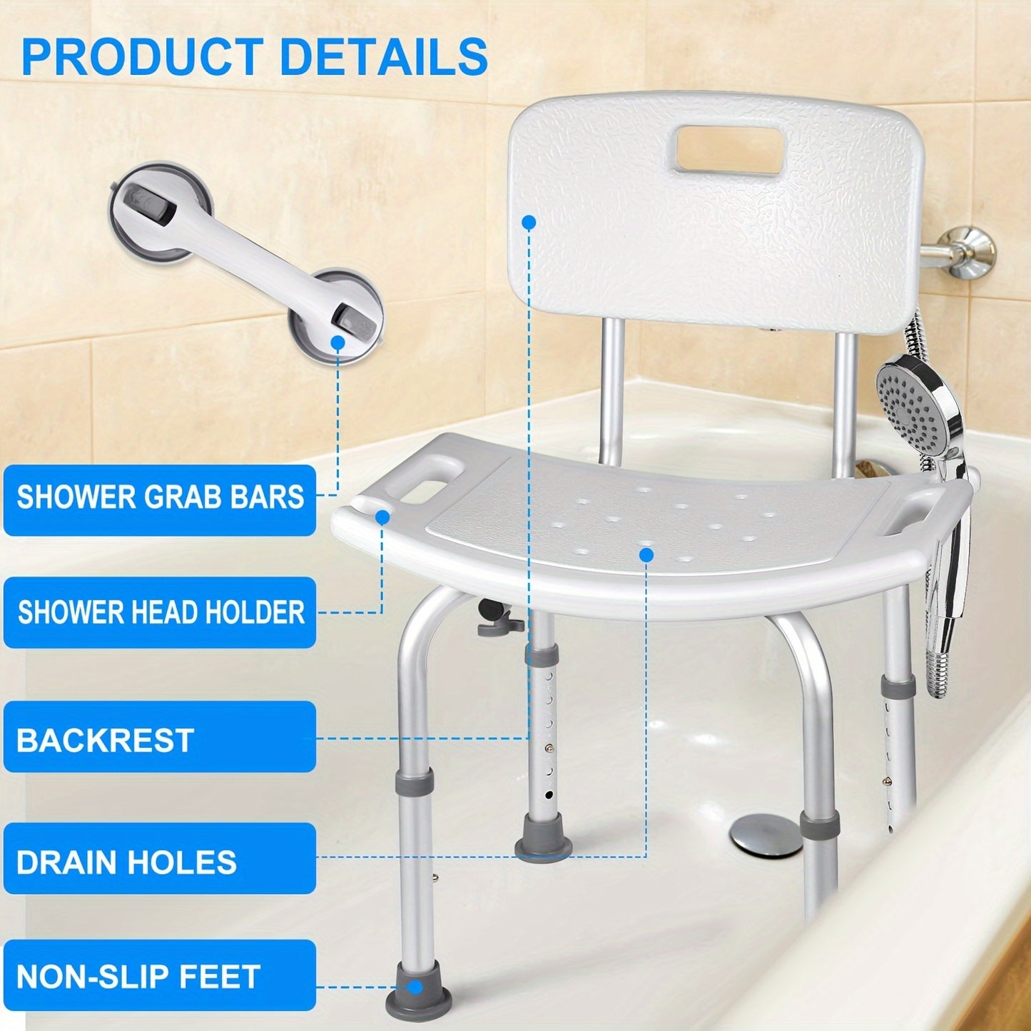 Adjustable White Shower Chair with Backrest and Shower Head Holder - Non-Slip Bathroom Stool, Supports Up to 350 lbs