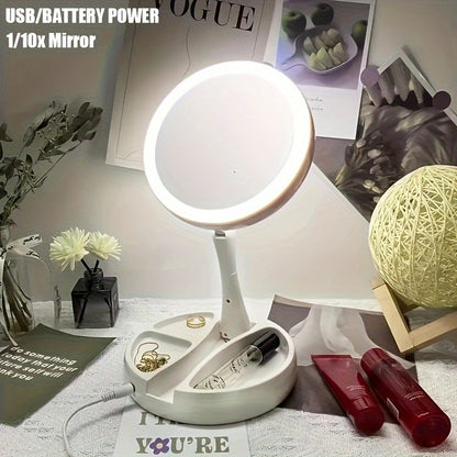 LED Lighted Makeup Mirror with 1/10X Magnification – Round, Illuminated, Foldable, Portable Beauty Mirror with Storage Box