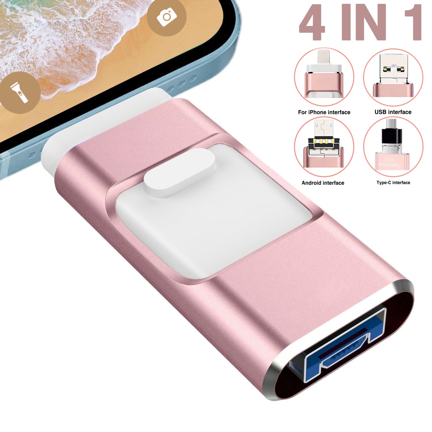 32GB/64GB/128GB USB Flash Drive - External Storage Key for IOS/Android, One-Click Photo, Video, and File Backup, Compatible with Computers and PCs