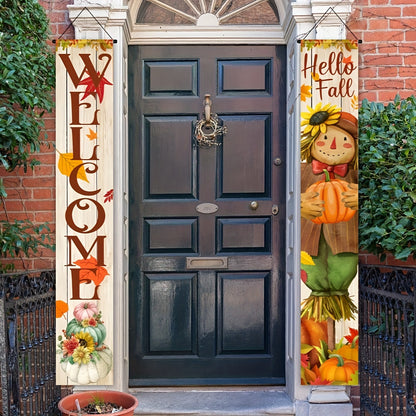 2pcs Scarecrow Welcome Banner Set – Autumn Harvest and Thanksgiving Decor, Durable Polyester, 12x70.8 Inches for Front Door and Outdoor Use