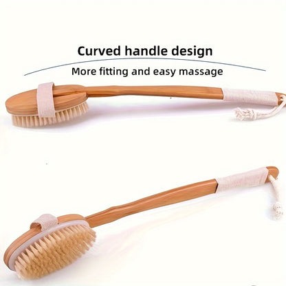 Back Boar Bristle Scrubber for Shower - Long Wooden Handle Bath Sponge Brush, Soft Natural Bristles for Back Cleaning