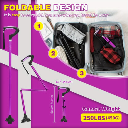 Foldable Walking Cane for Men and Women - Adjustable Lightweight Collapsible Cane with Comfortable Handles - Portable Mobility Aid with Triangle Base