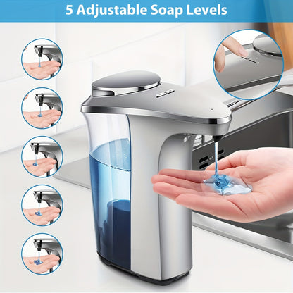 17oz/500ml Automatic Touchless Soap Dispenser - Infrared Sensor with 5 Adjustable Levels, Easy Refill, Silvery Bathroom Electronic for Efficient Hand Washing