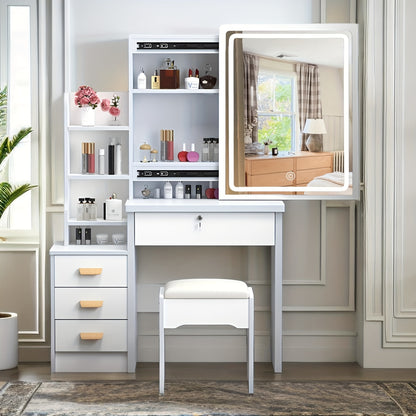 White Dressing Table with Sliding Mirror and Stool - 4 Drawers, High-End Bedroom Cabinet, Integrated Design for Small Apartments