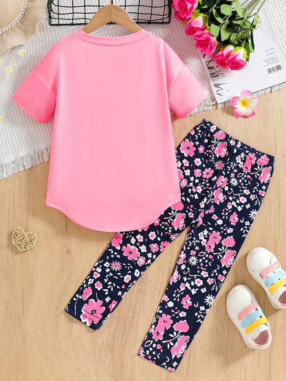 2pcs Little Girls' Adorable Glasses and Alphabet Pattern Outfit - Pant Set with Drop Shoulder Tee, Skinny Crop Leggings, and Cute Accessories