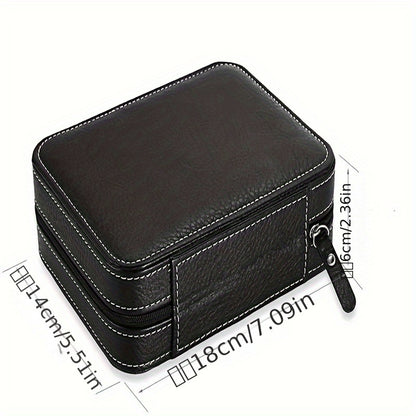 Luxury 4 Slot Black Faux Leather Watch Case with Zipper - Portable Travel Organizer for Watches, Jewelry and Accessories