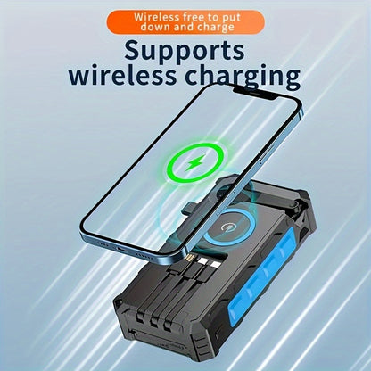 Wireless Power Bank 30,000mAh - 3 Built-in Charge Cables, Hand Crank, 7 Outputs, 4 Inputs, with Strong Flashlight