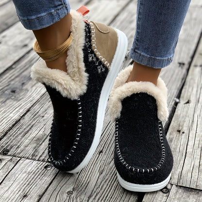 Cozy Furry Slip-On Sneakers – Warm Plush Lined, Soft Fabric Upper, Round Toe, Polyurethane PU Faux Leather Sole – Casual Comfort Shoes for Fall and Winter