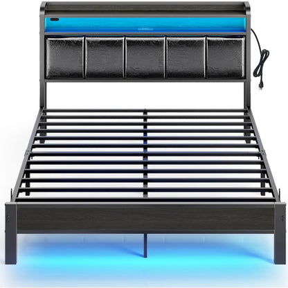 Greenstell Bed Frame with Charging Station and LED Lights - Twin, Full, Queen, King Sizes, PU Leather/Neutral Linen Headboard, Storage Shelves, Heavy Duty Metal Slats, No Box Spring Needed, Noise-Free