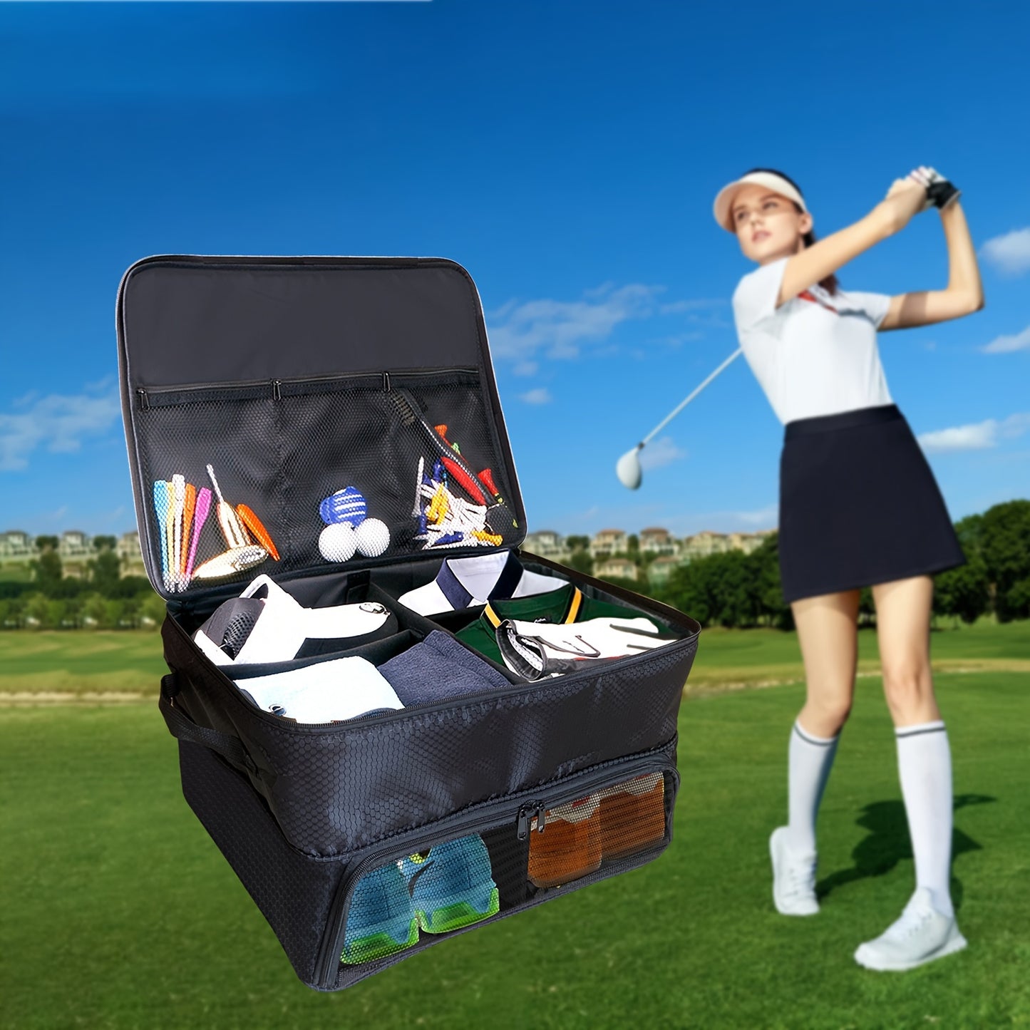 2 Layer Waterproof Golf Trunk Organizer - Spacious Storage for Shoes, Golf Balls, Tees, Clothes, Gloves, and Accessories, Ventilated Compartments, Easy to Clean and Durable