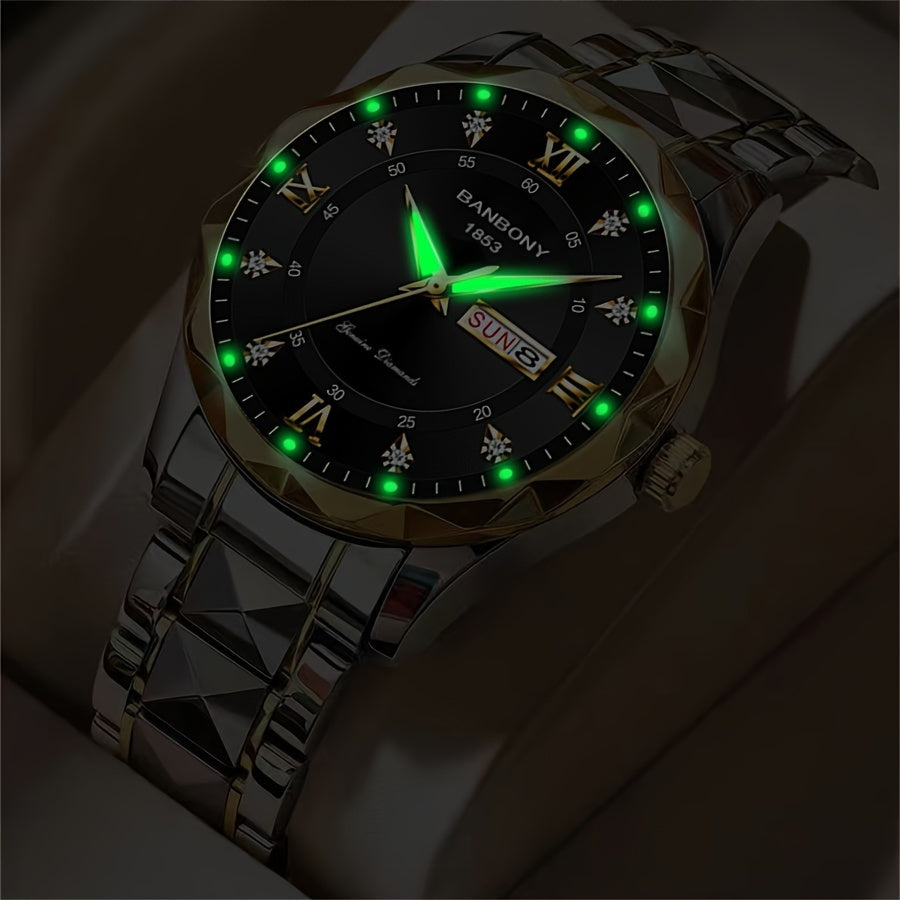 Stainless Steel Strap Men's Watch – Roman Numerals Dial with Rhinestones, Luminous Multifunctional, Ideal for Birthday and Holiday Gifts