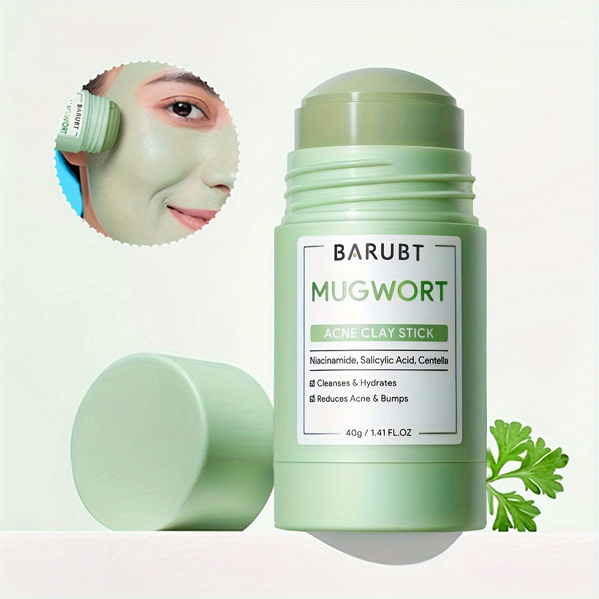 BARUBT Mugwort Acne Clay Stick – 40g Deep Cleansing Mask with Tea Tree Scent – Alcohol-Free, Oxalic Acid for Breakouts – Suitable for All Skin Types