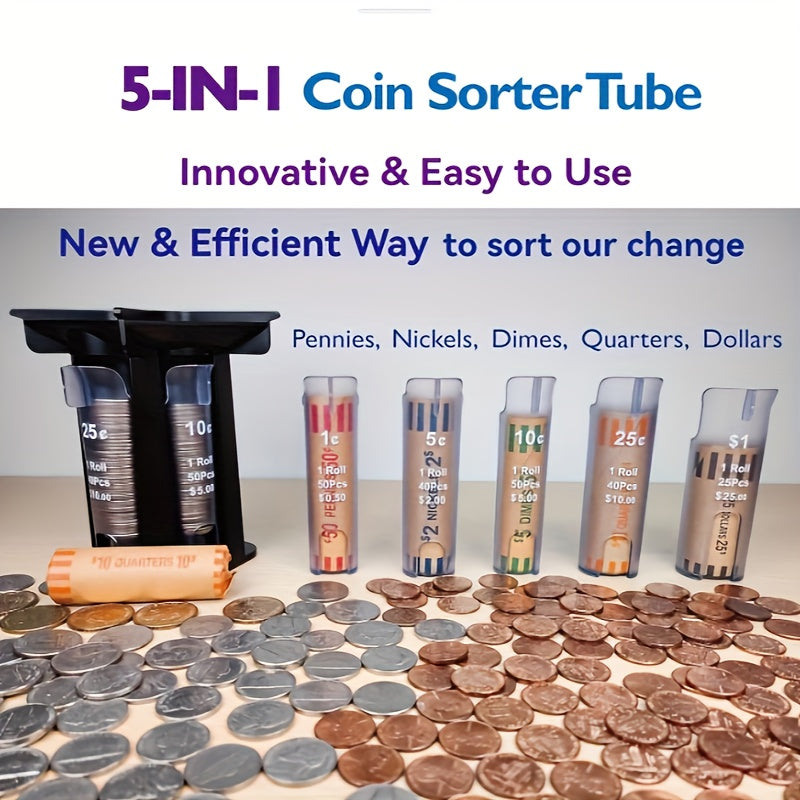 5 in 1 Manual Coin Sorter Tube - For Pennies, Nickels, Dimes, Quarters, and Dollars, Non-Electronic Coin Counter and Organizer (1pc, Black)