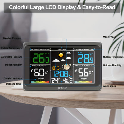 Geevon Digital Weather Station - Indoor/Outdoor Thermometer with Color Display, Barometer, Calendar, USB Charging and Adjustable Backlight