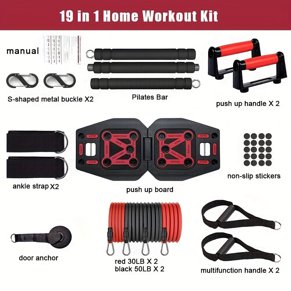 9 In 1 Push Up Board Set with 17 Fitness Accessories – Portable Home Gym Equipment for Strength Training – Includes Resistance Bands and Pilates Bar for Abs, Shoulders, Back, and Butt