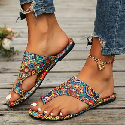 Women's Bohemian Flat Sandals – Colorful Patterned Summer Slip-On Slides – Casual Open Toe Beach Footwear