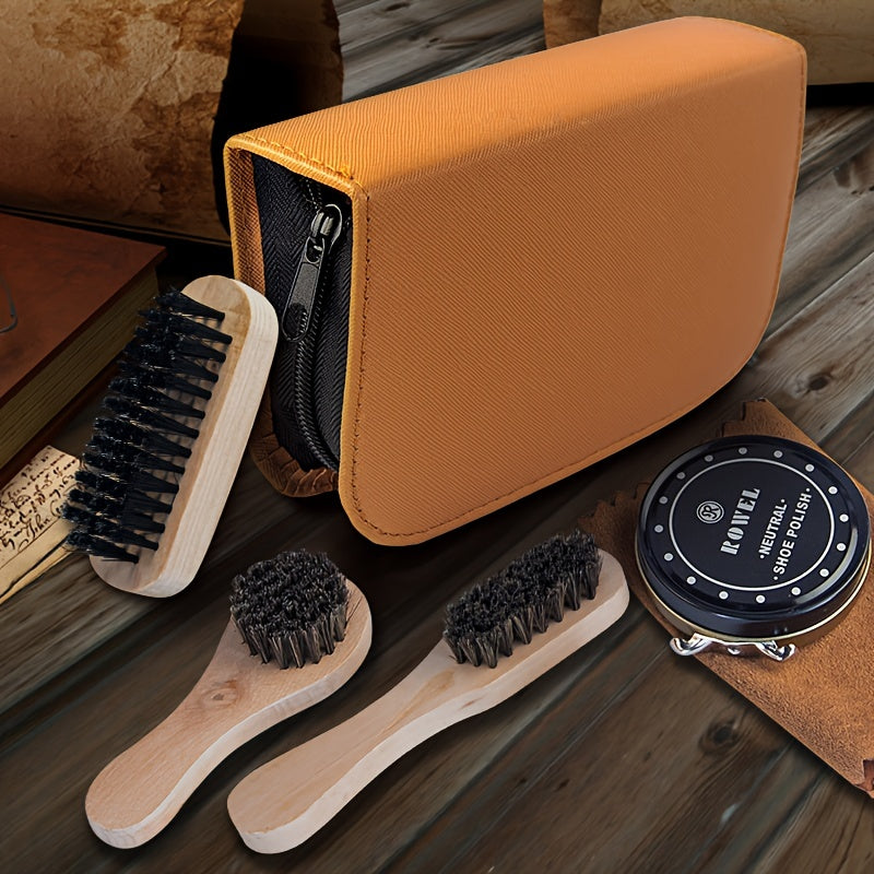 8pcs Premium Faux Fur Shoe Shine Kit - PU Case with Polish, Brushes, and Cloth for Boot Care (Cloth Color May Vary)