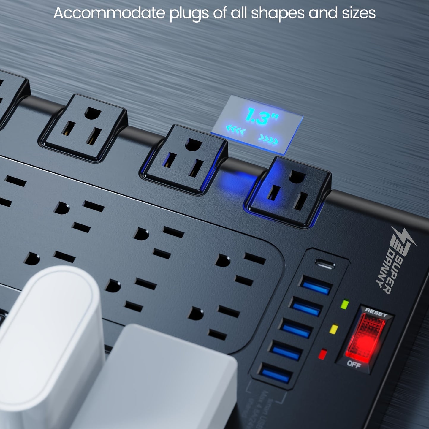 SUPERDANNY Power Strip Surge Protector - 6 USB Charging Ports, 22 AC Outlets, 6.5 Ft Extension Cord, 1875W/15A, 2100 Joules, Flat Plug, Black for Home, Office, Dorm, Gaming Room