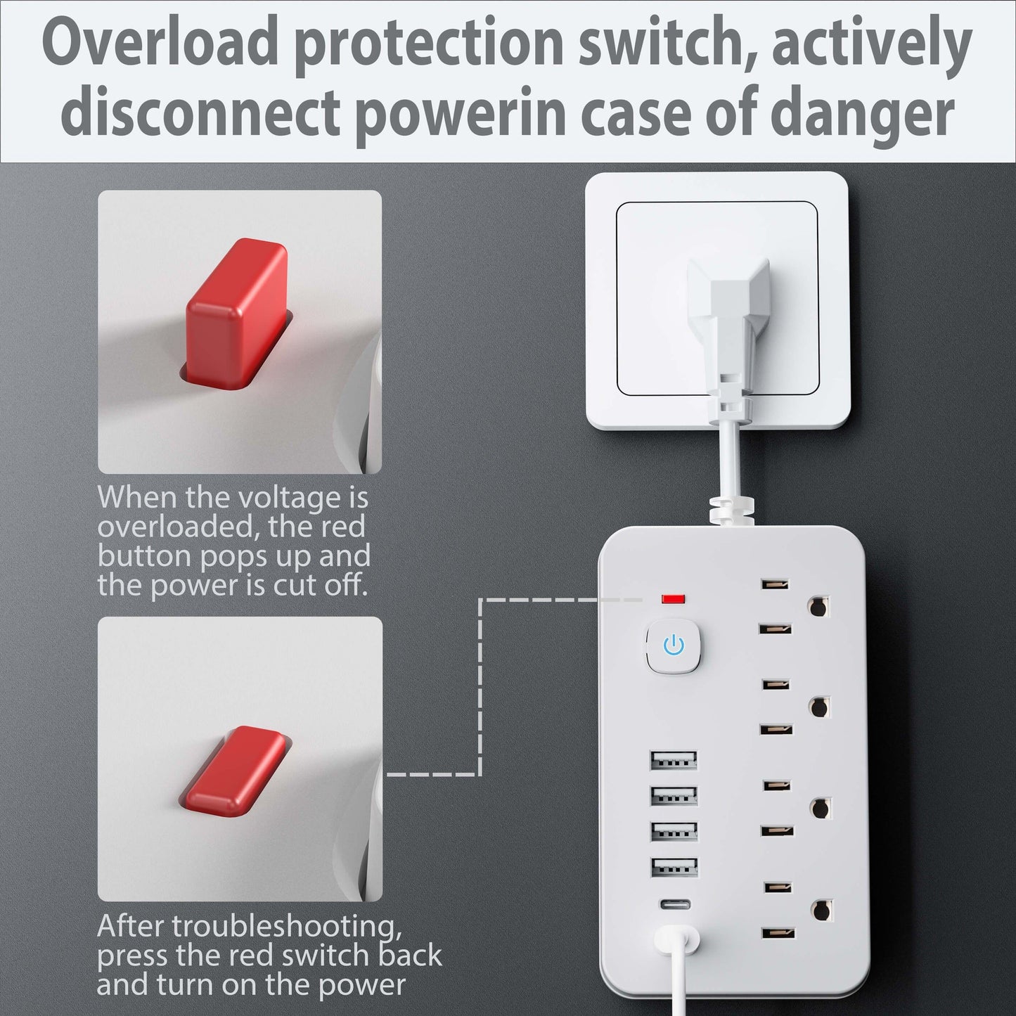 7 in 1 Wall Charger and Surge Protector – 4 Outlet Extender with 6 USB Ports (2 USB-C), Wall Mount Power Strip for Home, Travel and Office  ( White and Black )