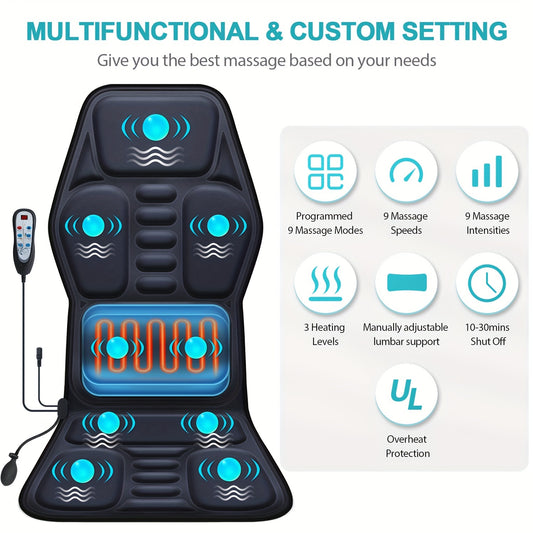 9 Mode Massage Seat Cushion with Adjustable Lumbar Support and Heating – Ergonomic Back Massage Chair for Home and Office, Whole Body Relaxation for Men and Women