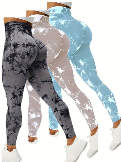 3pcs Vibrant Tie Dye High Waist Sports Leggings - Ultra-Comfortable, Sweat-Wicking, Four-Way Stretch - Wide Waistband for Yoga, Running, Workout, Activewear Essentials