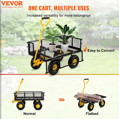 VEVOR Steel Garden Cart - Heavy Duty 500 lbs Capacity, Removable Mesh Sides, Converts to Flatbed, Utility Metal Wagon with 180° Rotating Handle and 10 in Tires, Perfect for Garden