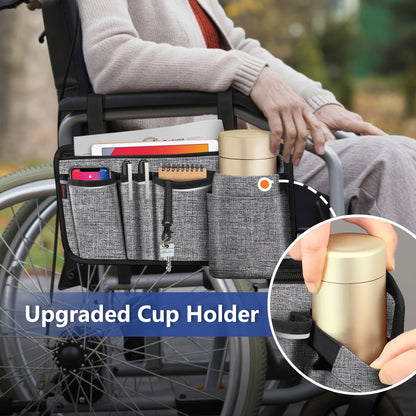 Wheelchair Side Storage Bag with Cup Holder – Armrest Pouch with Reflective Strips, Pen Slot, and Accessories for Power Wheelchairs, Walkers, Rollators