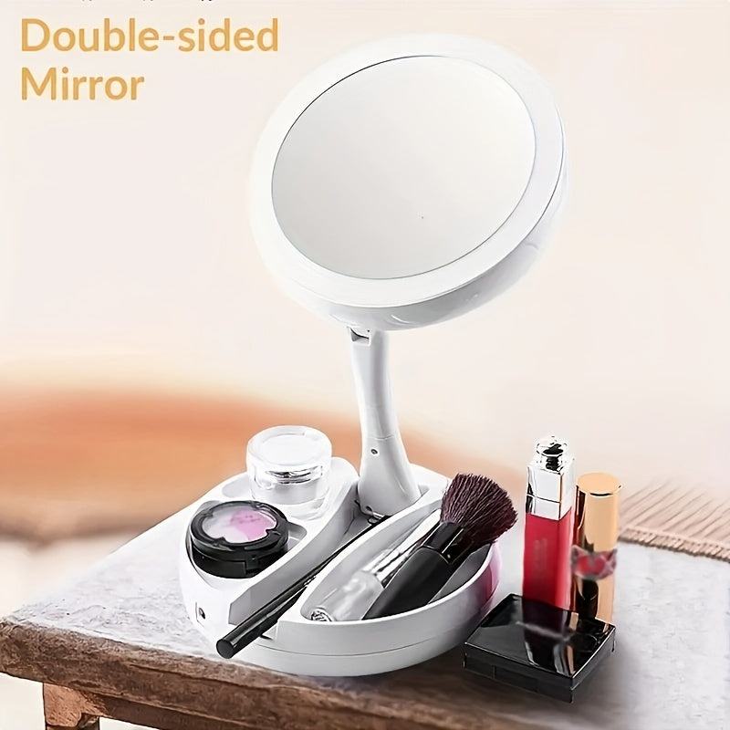 LED Lighted Makeup Mirror with 1/10X Magnification – Round, Illuminated, Foldable, Portable Beauty Mirror with Storage Box