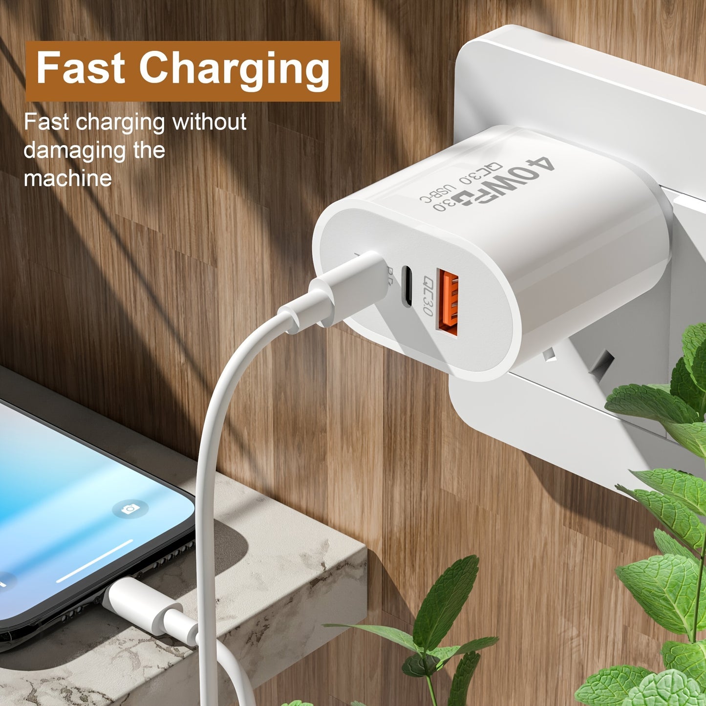 40W USB-C Charger – Fast Charging Block with US Plug, PD USB-C Type C and QC 3.0 for iPhone 14, Xiaomi, Samsung, and MacBook