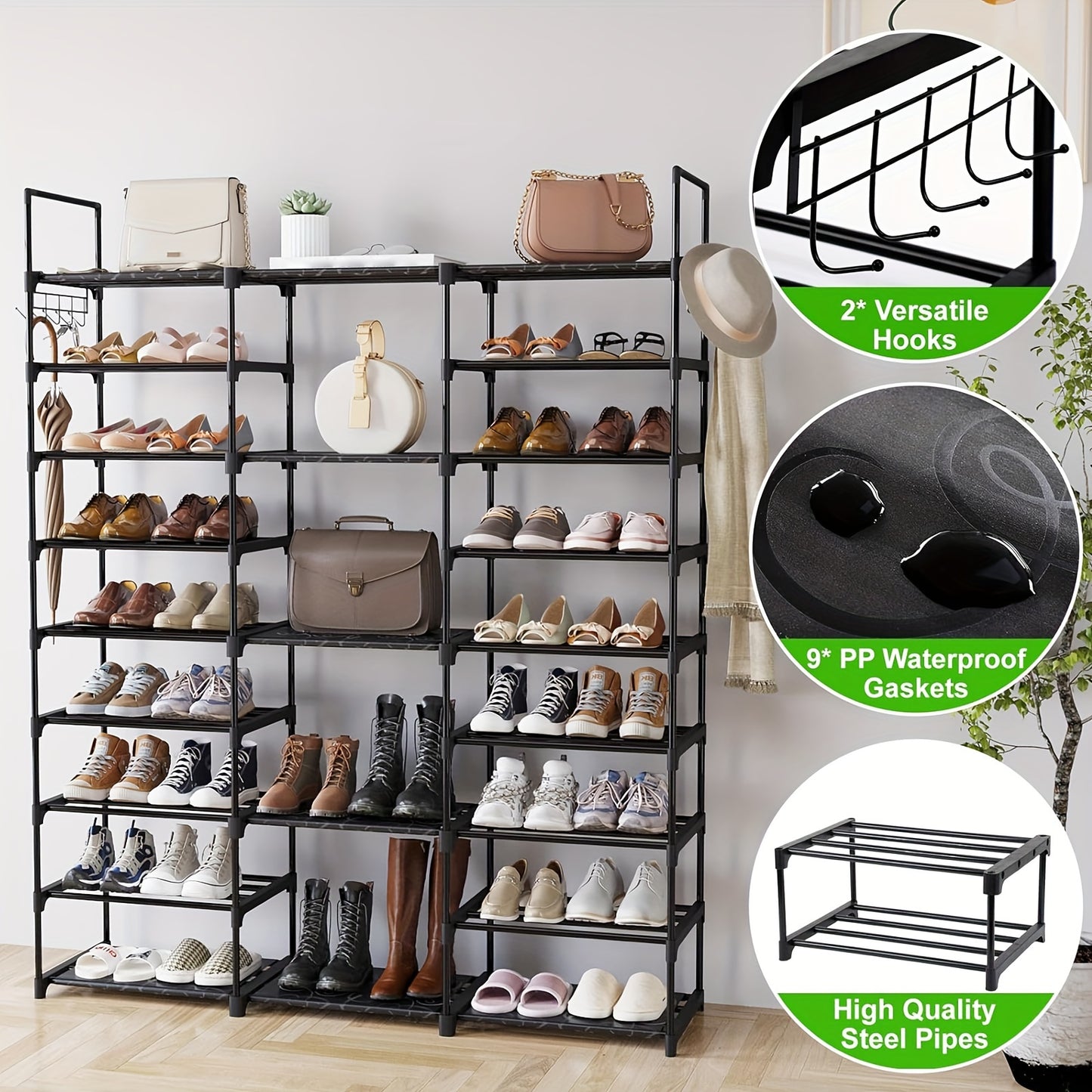 9-Tier Shoe Rack Organizer – Black Metal Shelf, Stackable Design, Holds 50-55 Pairs, Entryway and Bedroom Closet Storage, Dimensions: 129.5x26.9x155.4 cm