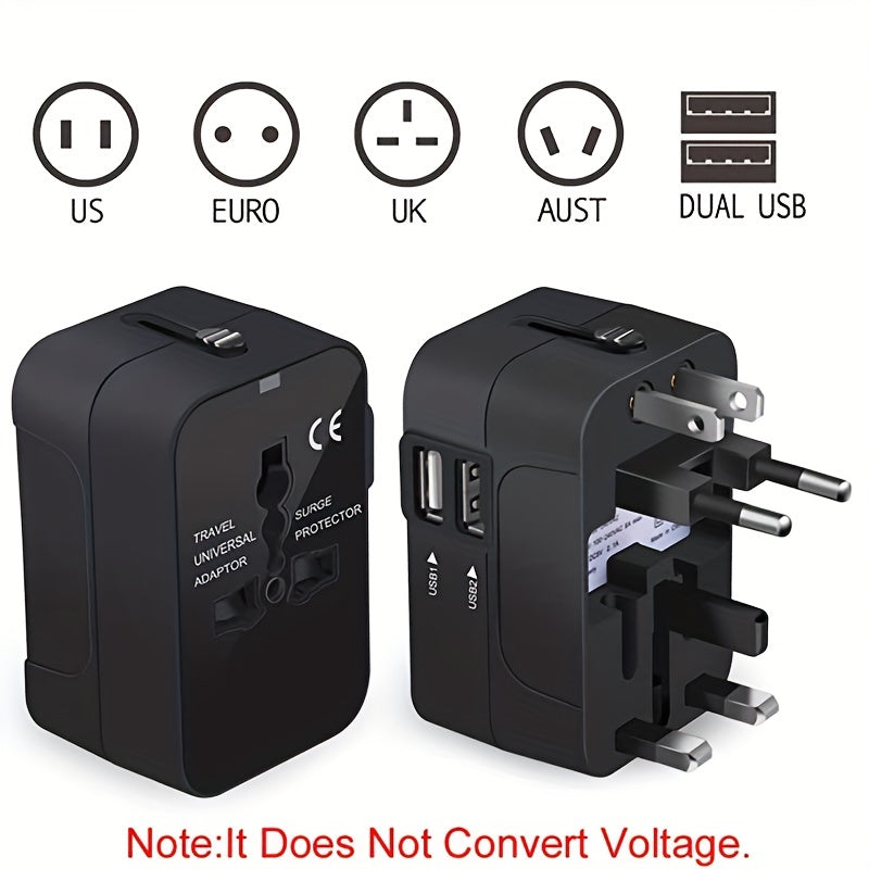 Universal Travel Adapter – All-in-One Quick-Charge Wall Charger with Dual USB Ports – Essential for USA, EU, UK, AUS