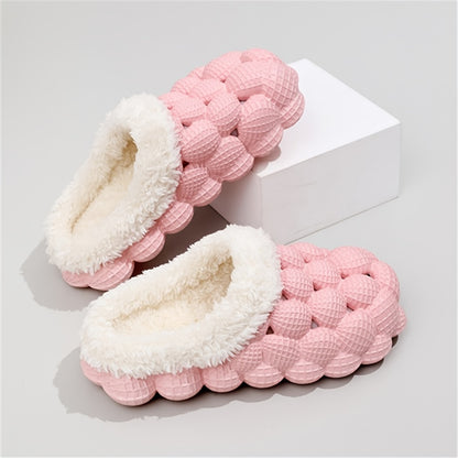 Women's Fleece-Lined Bubble Slides - Warm Slippers with Non-Slip Soft Sole