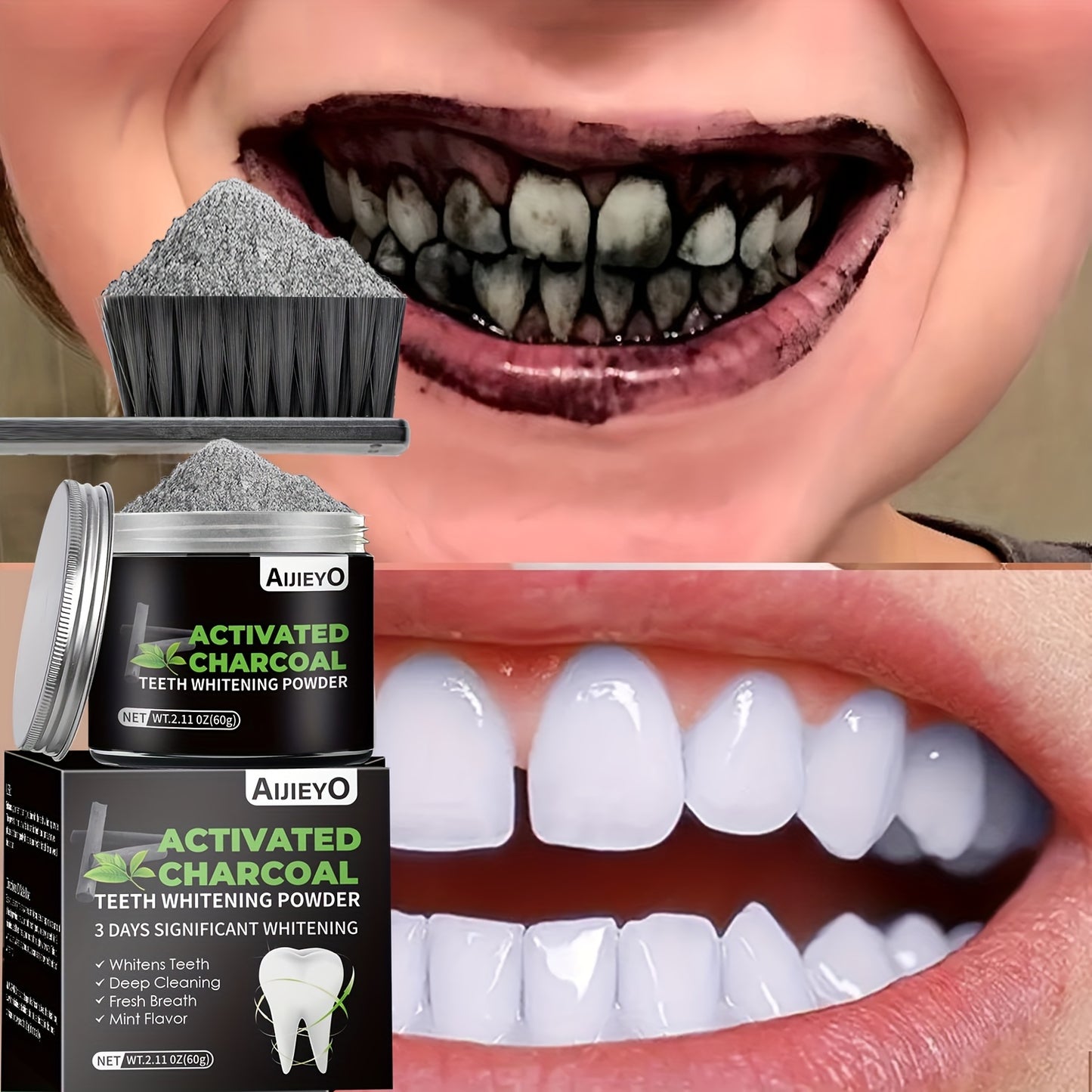 AIJIEYO Activated Charcoal Teeth Whitening Powder – Brightening Tooth Polish, Deep Cleaning, Natural Whitening, Plaque Cleaner, Freshens Breath – Mint Flavor for Daily Use