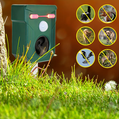 Ultrasonic Animal Repeller - Solar-Powered Outdoor Deterrent with Motion & Light Sensor, Flashing LED Lights, Siren | Repels Cats, Dogs, Deer, Raccoons, Birds, Skunks, Squirrels, Rabbits