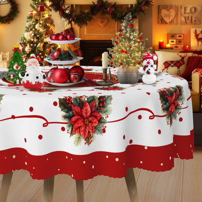 Festive Christmas Tablecloth - Red Poinsettia & Holly Design, Waterproof and Durable, Suitable for Indoor/Outdoor Use, Ideal for Holiday Gatherings