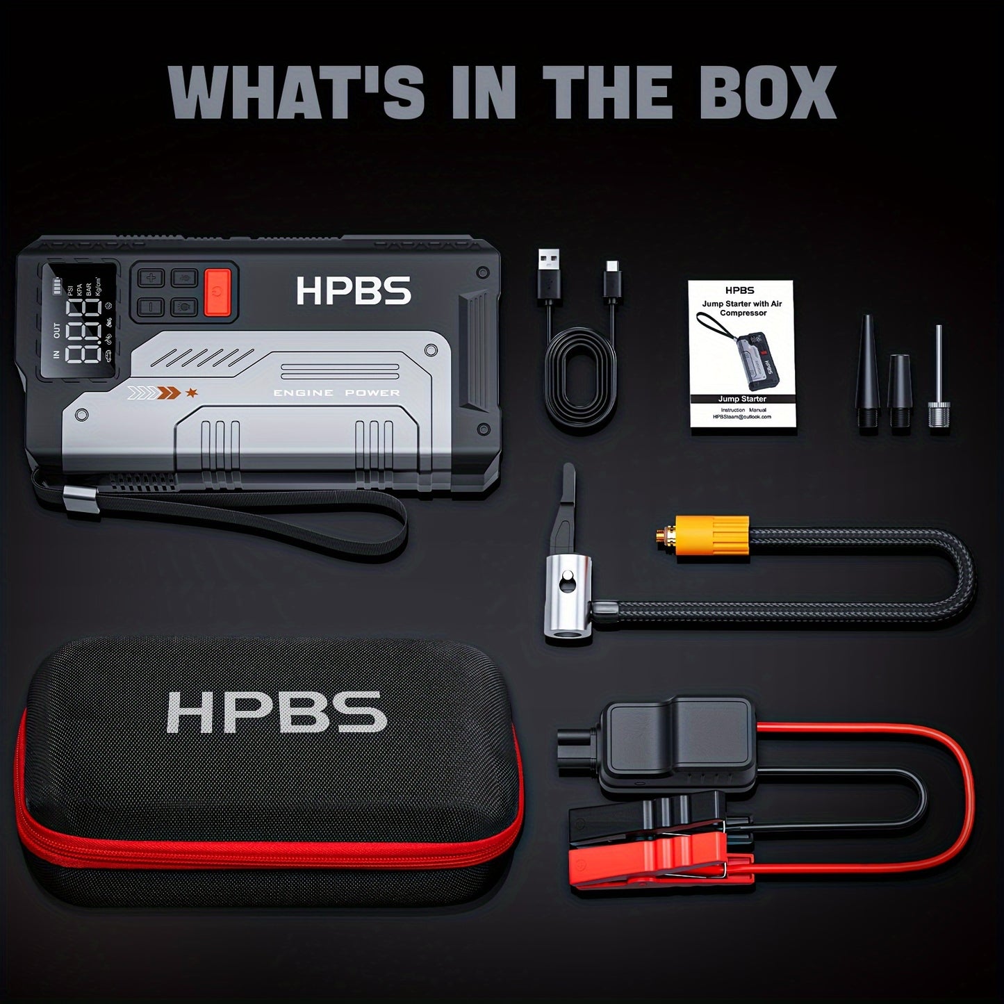 HPBS 5000A Portable Jump Starter with Air Compressor - 12V Battery Booster and 150 PSI Tire Inflator for Gas and Diesel Engines, Car Jump Box with LED Light and Fast Charging USB Output